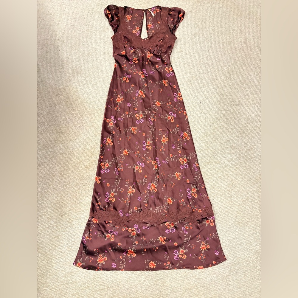 Free People Burgundy Floral Backless Satin Slip Dress - Picture 13 of 16